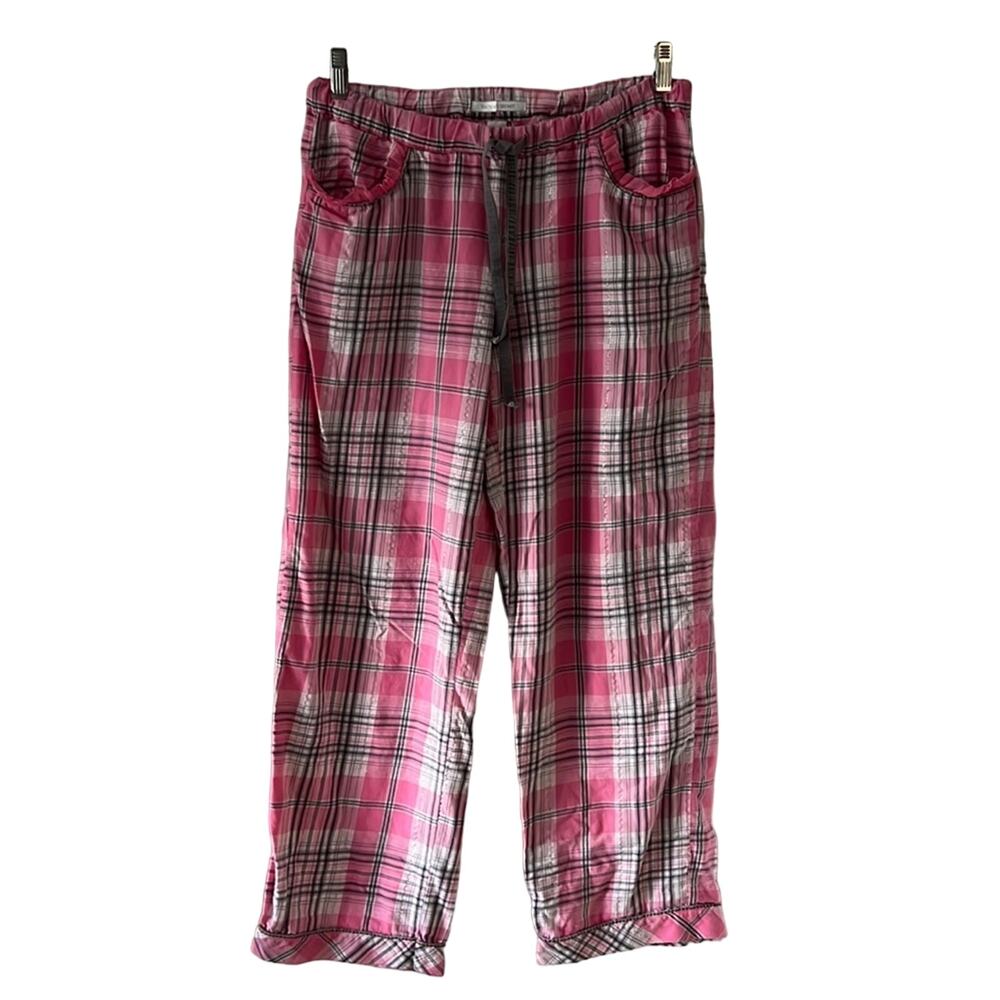 Victoria’s Secret Pajama Pants Woman’s Medium Pink Plaid Silver Metallic Pockets
